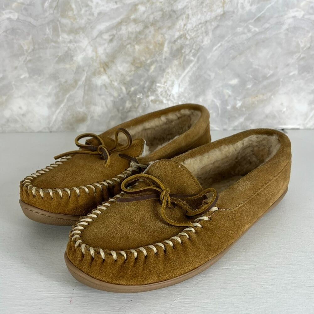 Minnetonka Moccasin Slippers Women's 10 Brown Leather Real Fur Lined Bow Accent